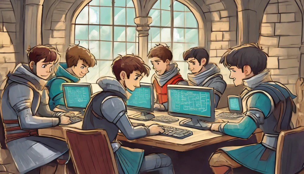 Knights coding in a sun-dappled castle.